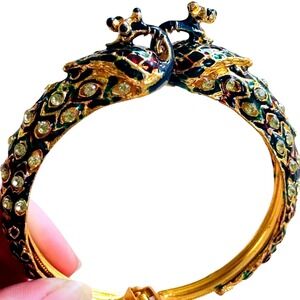 Peacock hinged clamper VTG Bracelet enamel‎ jeweled rhinestone Statement Regal